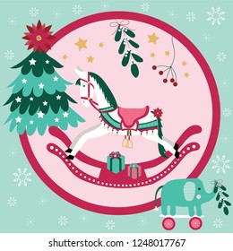 Victorian rocking horse accompanied by a wooden toy elephant with a christmas tree, poinsettia, winter foliage, stars, and vintage snowflakes . Great for textile print, cards, or packaging.