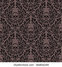 Victorian seamless pattern. Black floral ornament with skulls. 
