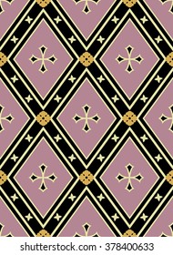 Victorian Seamless Pattern. Black, yellow, pink colors. Elegance Background