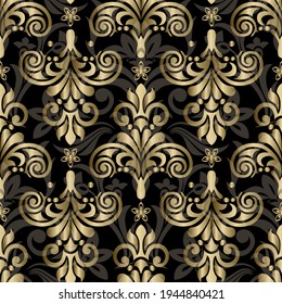 Victorian seamless pattern. Damask wallpaper. Black and gold digital paper.