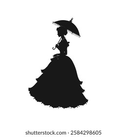 Victorian silhouette, elegant lady, parasol, detailed gown.