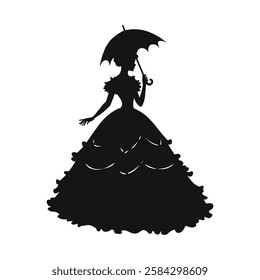 Victorian silhouette, elegant lady, parasol, detailed gown.