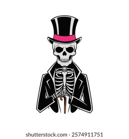 Victorian Skeleton in Top Hat and Suit Illustration – Elegant Gothic Art Design, vector illustration.