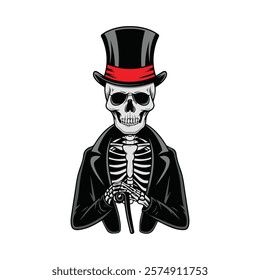 Victorian Skeleton in Top Hat and Suit Illustration – Elegant Gothic Art Design, vector illustration.