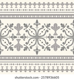 Victorian Sliver Grey Damask Fleur de lis Decoration. Royal Silk Embroidery Rich Design Neatly Arranged On Beige Background. Luxury Filigree Chevron Rococo Geometric Seamless Elegance Border Pattern.