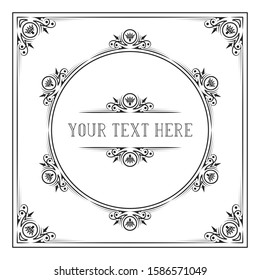 Victorian squared frame with royal borders and corners. Classic wedding invitation template. Vector isolated elegant ornate pattern.