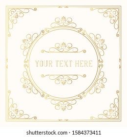 Victorian squared golden frame with royal borders and corners. Hand drawn classic wedding invitation template. Vector isolated gold elegant ornate design.