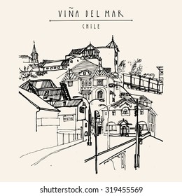 Victorian style architecture in Vina del Mar, Chile, South America. Black and white hand drawn vintage postcard in vector