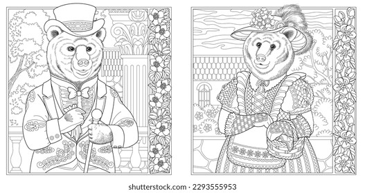 Victorian style bear man and woman. Adult coloring book pages with floral frames
