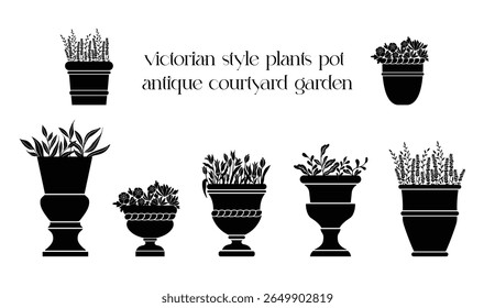 Victorian style, courtyard garden plants pot illustration. Black silhouette isolated vector graphic. 