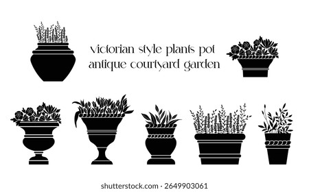 Victorian style, courtyard garden plants pot illustration. Black silhouette isolated vector graphic. 