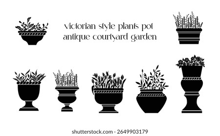 Victorian style, courtyard garden plants pot illustration. Black silhouette isolated vector graphic. 