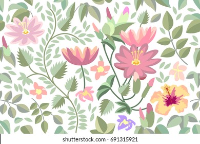 Victorian style floral border. Seamless vector pattern with botanical motifs. Wildflowers, leaves and branches. Summer textile collection. On white background.