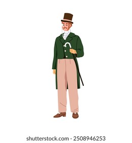 Victorian style gentleman, 19th century vintage fashion. Elegant aristocrat in suit with top hat, cane, monocle. Historical clothing, outfit. Flat vector illustration isolated on white background