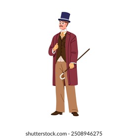 Victorian style gentleman in 19th century fashion outfit. Elegant British aristocrat in top hat, coat and cane. Noble man in vintage clothing. Flat vector illustration isolated on white background