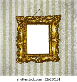 Victorian style gold frame hanging on decorative wallpaper. Retro vintage vector lineart hand drawn illustration