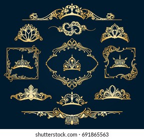 Victorian style golden decor elements. Filigree vector royal motif gold design calligraphic ornament items isolated on blue background