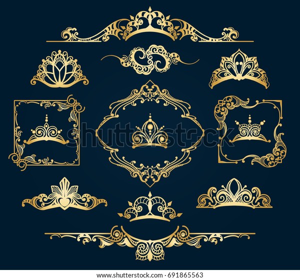 Victorian style golden decor elements.
Filigree vector royal motif gold design calligraphic ornament items
isolated on blue
background