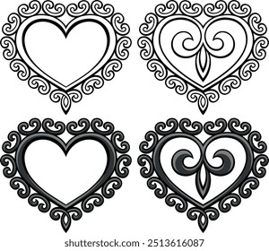 Victorian style heart frame set. Tattoo, intricate design and decor element. Highly detailed and accurate lines for print or engraving. Adjustable colors in separate groups