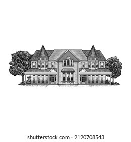 Victorian Style House Vector Illustration. Vector drawing, handrawn, vintage, line art of Victorian Style House on white background 