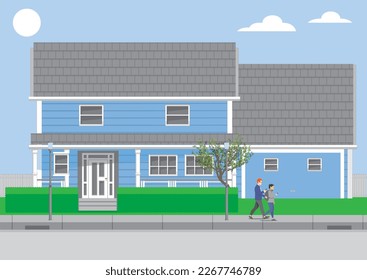 victorian style house vector with white fence and green garden