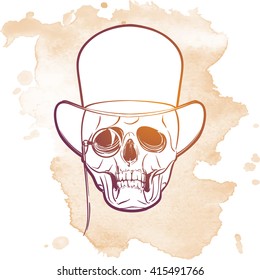 Victorian style human skull wearing eyeglasses mustache and bowler hat. Hand drawn sketch on a watercolor spot. EPS10 vector illustration.