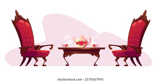 Victorian style living room interior. Vector illustration, cartoon on white background. Two armchairs and a tea table with a kettle and cups for English tea in a luxurious vintage style.
