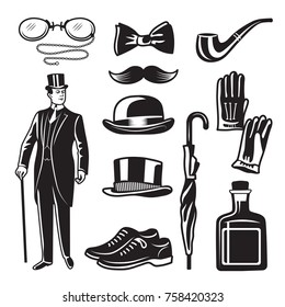 Ilustraciones monocromas de estilo victoriano para el club de caballeros. Conjunto de imágenes vectoriales. Ropa inglesa de caballero en traje, accesorios, paraguas y guantes