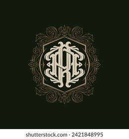 Victorian style monogram with initial AR or RA. Badge logo design. can be applied on stationery, invitations, signage, packaging, or even as a branding element and etc