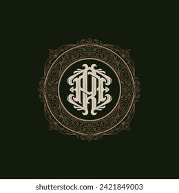 Victorian style monogram with initial AR or RA. Badge logo design. can be applied on stationery, invitations, signage, packaging, or even as a branding element and etc