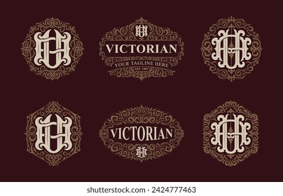 Victorian style monogram with initial AU or UA. Templates set designs. Can be applied on stationery, invitations, signage, packaging, or even as a branding element and etc