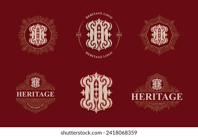 Victorian style monogram with initial AM or MA. Templates set designs. Can be applied on stationery, invitations, signage, packaging, or even as a branding element and etc