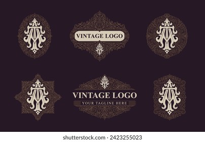 Victorian style monogram with initial AT or TA. Templates set designs. Can be applied on stationery, invitations, signage, packaging, or even as a branding element and etc