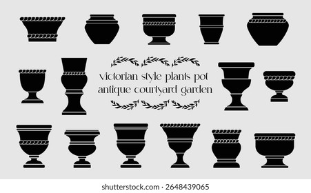 Victorian style plants pot, Botanical silhouettes in decorative vessels, houseplants, isolated vector illustration.