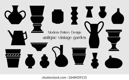 Victorian style plants pot, Botanical silhouettes in decorative vessels, houseplants, isolated vector illustration.