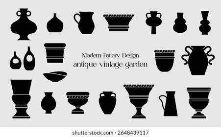 Victorian style plants pot, Botanical silhouettes in decorative vessels, houseplants, isolated vector illustration.
