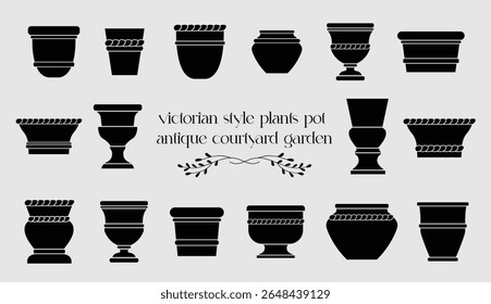 Victorian style plants pot, Botanical silhouettes in decorative vessels, houseplants, isolated vector illustration.