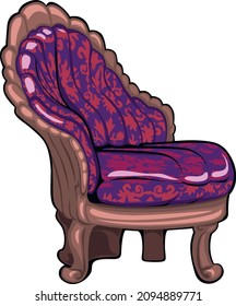 Victorian style, purple armchair with floral pattern and curvy wooden frame.