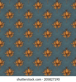 Victorian style seamless floral pattern. Yellow flowers on grey background. 
