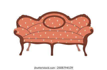 Sofá de estilo victoriano. Antiguo mobiliario histórico del siglo XIX. Sofá antiguo, diseño ornamentado vintage. Asiento caro de lujo con tapicería. Ilustración vectorial plana aislada sobre fondo blanco