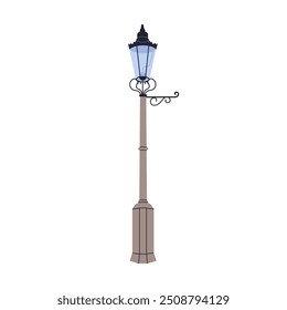 Victorian style street lamp post. Vintage retro outdoor light. Ornated iron pole, lamppost stand. Elegant historic old classic streetlamp. Flat vector illustration isolated on white background