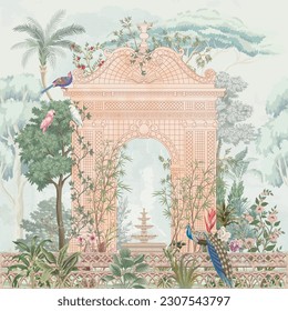 Jardín de enrejado de estilo victoriano con flores pastel, rosa, peonía, pavo real, pájaro, fuente, palmera y plantas patrón de ilustración para papel pintado