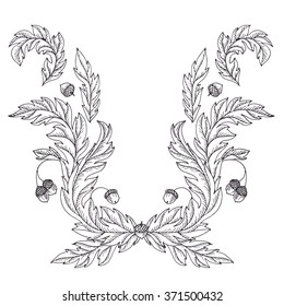 Victorian style vector design with oak leaves and acorns. Decorative baroque ornamental illustration in black and white