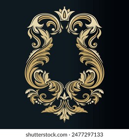 Victorian style vignette. Vector. Luxury vintage foliage ornament in gold color. Decorative ornamental frame. Template for brand logo, monograms, greeting cards, restaurants, invitations.