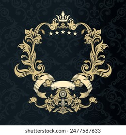 Victorian style vignette. Vector. Luxury vintage foliage ornament in gold color. Decorative ornamental frame. Template for brand logo, monograms, greeting cards, restaurants, invitations.