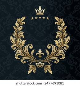 Victorian style vignette. Vector. Luxury vintage foliage ornament in gold color. Decorative ornamental frame. Template for brand logo, monograms, greeting cards, restaurants, invitations.