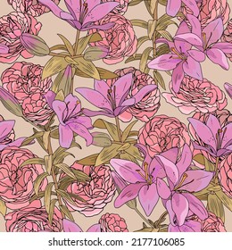 Victorian style vintage pattern with tea roses and pink lilies on beige background