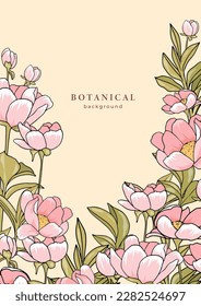 Victorian style vintage template with pink blooming peony flowers. Floral pattern. Design with botanical elements for cover, poster, placard, flyer