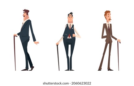 Victorian Tall Man Gentleman in Elegant Suit with Cane Having Respectful Manner Standing Vector Set