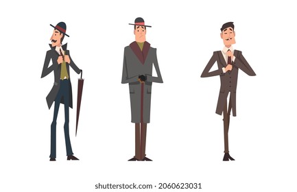 Victorian Tall Man Gentleman in Elegant Suit with Respectful Manner Standing Vector Set